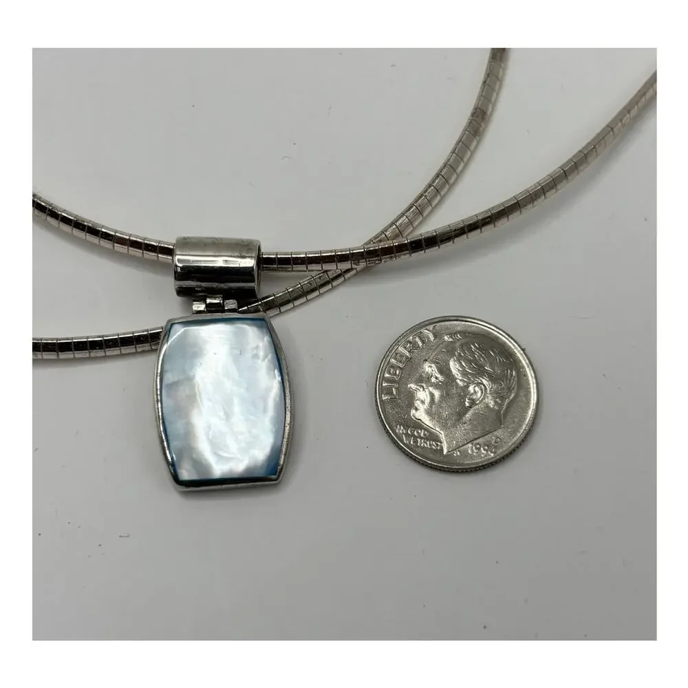 Sterling Silver Blue MOP Pendant Omega Necklace 18